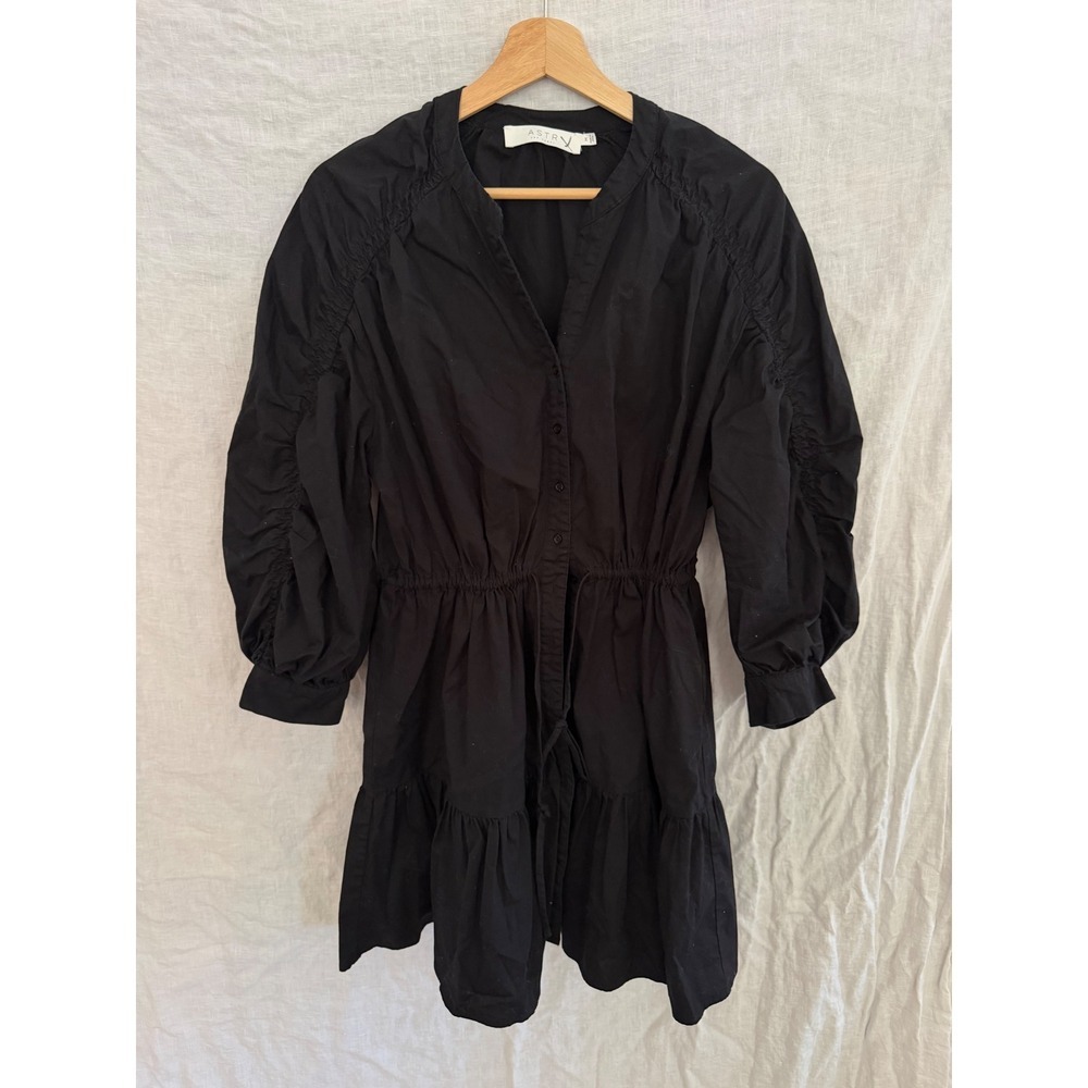 ASTR The Label Mini Dress Womens Black Ruched Puff Sleeve Tiered Skirt Size M